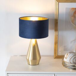 ValueLights Jax Gold Dimmable Touch Table Lamp with Velvet Drum & Gold Inner Lamp Shade in Dark Navy - thumbnail 1