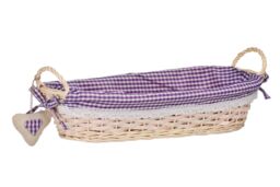 Orsina Oblong Basket With Purple Gingham Lining, Handwoven Natural Wicker For Bread, Fruit, Lightweight Storage
