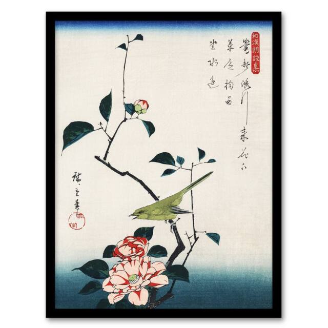 Artery8 Camellia Nightingale Japanese Vintage Framed Wall Art Print Hiroshige in Blue - Size: A4 - image 1