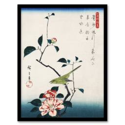 Artery8 Camellia Nightingale Japanese Vintage Framed Wall Art Print Hiroshige in Blue - Size: A4 - thumbnail 1