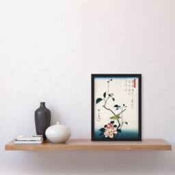 Artery8 Camellia Nightingale Japanese Vintage Framed Wall Art Print Hiroshige in Blue - Size: A4 - thumbnail 4