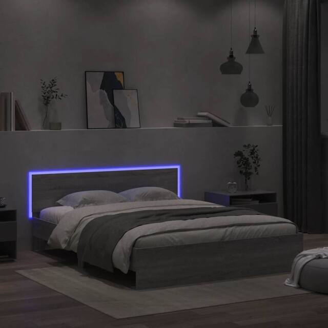 Berkfield Home Durable Bed Frame with Headboard & LED Grey Sonoma 150x200 cm K - Size: King - image 1