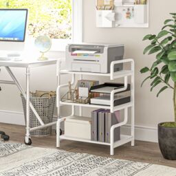 HOMCOM 3-Tier Storage Shelves, Metal Shelving Unit, Industrial Printer Table for Home Office, Display Rack for Living Room in White - thumbnail 1