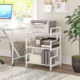 HOMCOM 3-Tier Storage Shelves, Metal Shelving Unit, Industrial Printer Table for Home Office, Display Rack for Living Room in White