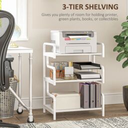 HOMCOM 3-Tier Storage Shelves, Metal Shelving Unit, Industrial Printer Table for Home Office, Display Rack for Living Room in White - thumbnail 4