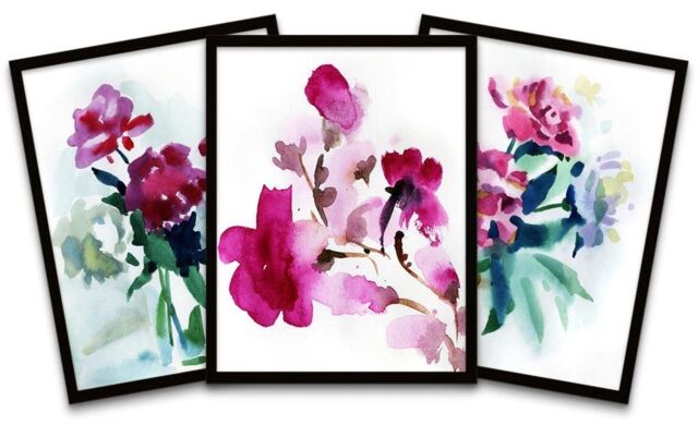 "Wee Blue Coo Wall Art Print Watercolour Flowers Painting Black Framed Poster Pack of 3 - Size: W12"" x H16""" - image 1