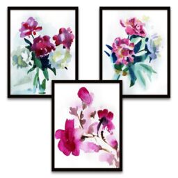 "Wee Blue Coo Wall Art Print Watercolour Flowers Painting Black Framed Poster Pack of 3 - Size: W12"" x H16""" - thumbnail 2