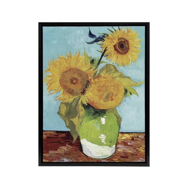 "Artery8 Vase with Three Sunflowers Van Gogh Black Framed Canvas Wall Art in Blue - Size: W12"" x H16""" - image 1