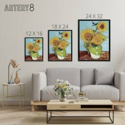 "Artery8 Vase with Three Sunflowers Van Gogh Black Framed Canvas Wall Art in Blue - Size: W12"" x H16""" - thumbnail 4