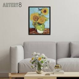 "Artery8 Vase with Three Sunflowers Van Gogh Black Framed Canvas Wall Art in Blue - Size: W12"" x H16""" - thumbnail 3