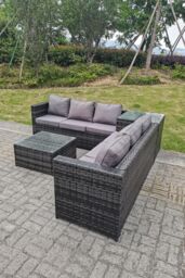 Fimous Dark mixed Grey Outdoor Rattan Garden Furniture Set Corner Sofa 2 Tables in Dark Grey - thumbnail 2