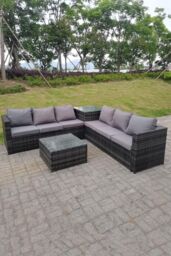 Fimous Dark mixed Grey Outdoor Rattan Garden Furniture Set Corner Sofa 2 Tables in Dark Grey - thumbnail 1