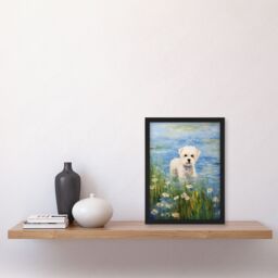 "Artery8 Maltese Dog Claude Monet Style Oil Painting Portrait In Lake By Wildflowers Art Print Framed Poster Wall Decor in Black - Size: W12"" x H16""" - thumbnail 4