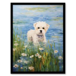 "Artery8 Maltese Dog Claude Monet Style Oil Painting Portrait In Lake By Wildflowers Art Print Framed Poster Wall Decor in Black - Size: W12"" x H16""" - thumbnail 1
