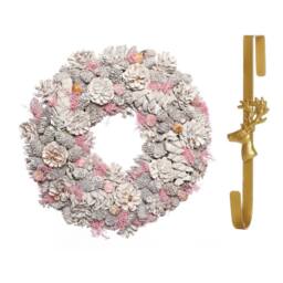 Dibor 39cm Pink Pinecone Christmas Wreath with Deer Wreath Hanger