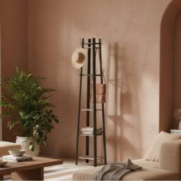 Wyld Haus Savapa 4 Tier Industrial Coat Stand Grey & Black Shelves & Hooks - thumbnail 1