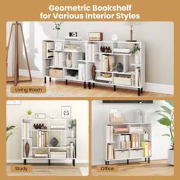 Costway Modern Geometric Bookcase Wooden Open Bookshelf Display Shelves in White - thumbnail 9