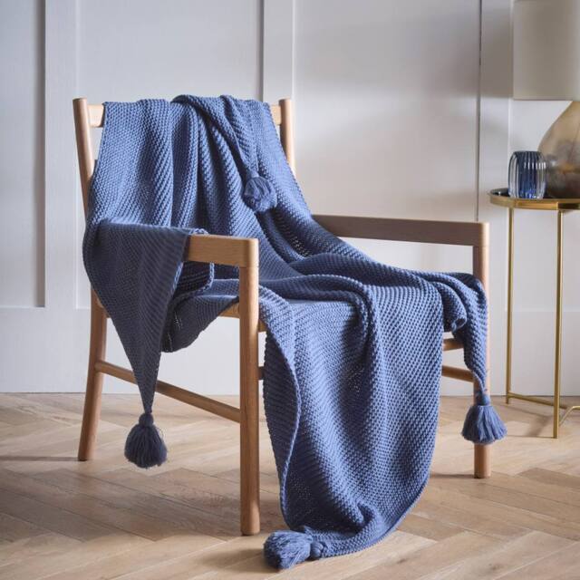 Portfolio Home Copenhagen Knitted Tassels Throwover Bed Throw Blanket 127 x 152cm in Blue - Size: 127 cm x 152 cm - image 1