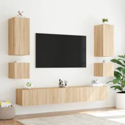 Berkfield Home TV Wall Cabinet with LED Lights Sonoma Oak 100x35x31 cm in Brown - Size: 100 x 35 x 31 cm - thumbnail 7
