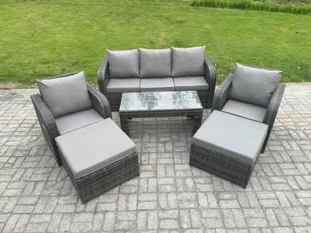 Fimous 7 Seater Rattan Wicker Garden Furniture Patio Conservatory Sofa Set with Rectangular Coffee Table Reclining Chair 2 Big Footstool in Dark Grey - image 1
