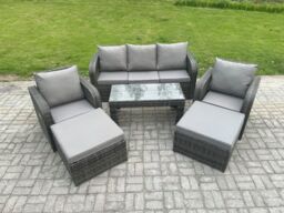 Fimous 7 Seater Rattan Wicker Garden Furniture Patio Conservatory Sofa Set with Rectangular Coffee Table Reclining Chair 2 Big Footstool in Dark Grey - thumbnail 1