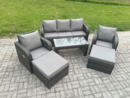 Fimous 7 Seater Rattan Wicker Garden Furniture Patio Conservatory Sofa Set with Rectangular Coffee Table Reclining Chair 2 Big Footstool in Dark Grey - thumbnail 2