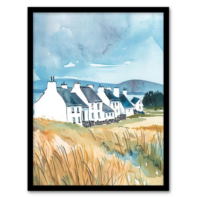 "Artery8 Isle of Jura White Fishermen Cottages Scotland Framed Wall Art in Blue - Size: W12"" x H16""" - image 1