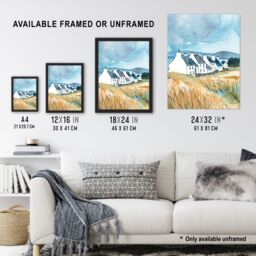"Artery8 Isle of Jura White Fishermen Cottages Scotland Framed Wall Art in Blue - Size: W12"" x H16""" - thumbnail 3