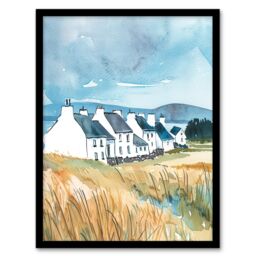 "Artery8 Isle of Jura White Fishermen Cottages Scotland Framed Wall Art in Blue - Size: W12"" x H16""" - thumbnail 1