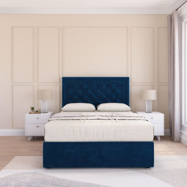 Sloomy Montana Plush Velvet Memory Foam Bed Set With No Drawers, Mattress & Headboard in Navy - Size: Small Double - image 1