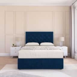 Sloomy Montana Plush Velvet Memory Foam Bed Set With No Drawers, Mattress & Headboard in Navy - Size: Small Double - thumbnail 1
