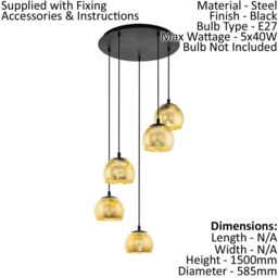 Loops Pendant Ceiling Light Colour Black Shade Gold Color Glass Bulb E27 5x40W - thumbnail 2