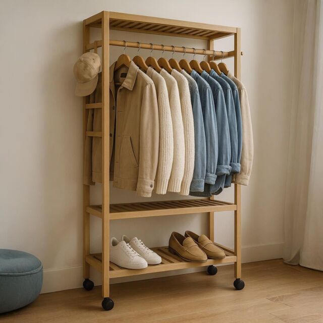 Storvo Bamboo Clothes Rack - Portable Open Wardrobe with Shoe Storage in Natural - image 1