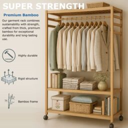 Storvo Bamboo Clothes Rack - Portable Open Wardrobe with Shoe Storage in Natural - thumbnail 9