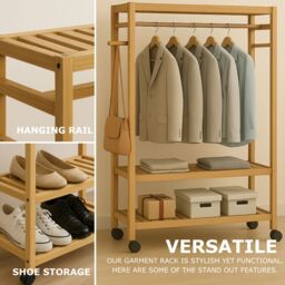 Storvo Bamboo Clothes Rack - Portable Open Wardrobe with Shoe Storage in Natural - thumbnail 4
