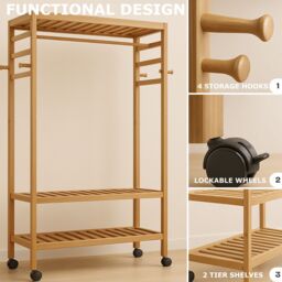 Storvo Bamboo Clothes Rack - Portable Open Wardrobe with Shoe Storage in Natural - thumbnail 6
