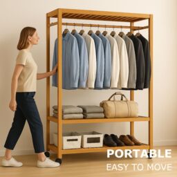 Storvo Bamboo Clothes Rack - Portable Open Wardrobe with Shoe Storage in Natural - thumbnail 3