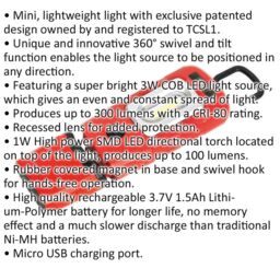 Loops Lightweight Swivel Inspection Light - 3W COB & 1W SMD LED - Rechargeable - Red - thumbnail 2