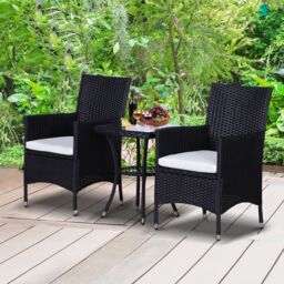 OUTSUNNY 3PC Rattan Furniture Bistro Set Garden Table Chairs Patio Outdoor in Black - thumbnail 1