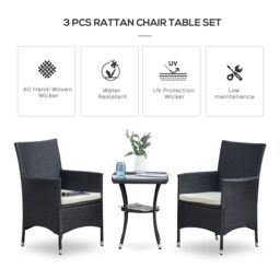 OUTSUNNY 3PC Rattan Furniture Bistro Set Garden Table Chairs Patio Outdoor in Black - thumbnail 4