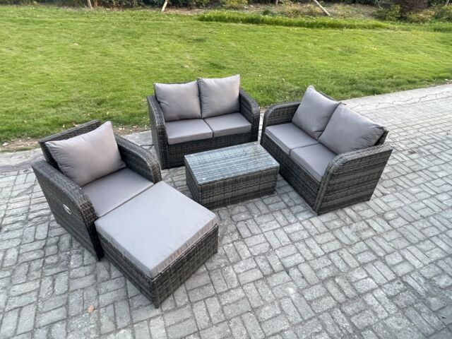 Fimous High Back Rattan Garden Furniture Set with Loveseat Sofa Rectangular Coffee Table Big Footstool Indoor Outdoor Patio Lounge Sofa Set - image 1
