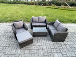 Fimous High Back Rattan Garden Furniture Set with Loveseat Sofa Rectangular Coffee Table Big Footstool Indoor Outdoor Patio Lounge Sofa Set - thumbnail 2