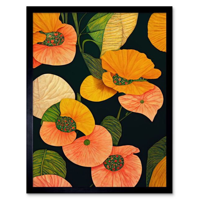 "Artery8 Wall Art Print Modern Tropical Lake Flowers Orange Yellow Peach Cream Warm Colours on Dark Green Art Framed in Black - Size: W12"" x H16""" - image 1