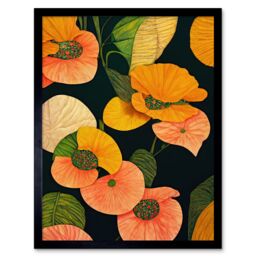 "Artery8 Wall Art Print Modern Tropical Lake Flowers Orange Yellow Peach Cream Warm Colours on Dark Green Art Framed in Black - Size: W12"" x H16""" - thumbnail 1