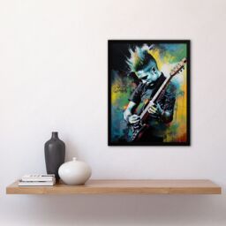 Artery8 Wall Art Print Punk Music Artwork Blue Yellow Guitarist Playing At Concert Vibrant Portrait Art Framed - Size: A4 - thumbnail 4