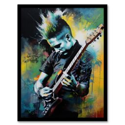 Artery8 Wall Art Print Punk Music Artwork Blue Yellow Guitarist Playing At Concert Vibrant Portrait Art Framed - Size: A4 - thumbnail 1