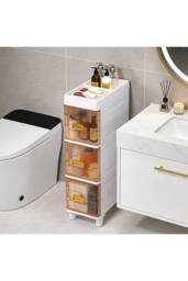 Living and Home Plastic Narrow Storage Cabinet Drawer Organizer Bathroom Storage Cupboard in White - Size: Medium