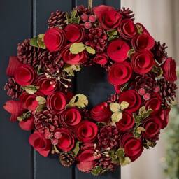 Dibor 35cm Red Crimson Rose Xmas Decor Front Door Wreath Christmas Wreath - thumbnail 2
