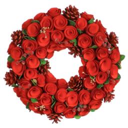 Dibor 35cm Red Crimson Rose Xmas Decor Front Door Wreath Christmas Wreath - thumbnail 1