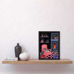 Artery8 Wall Art Print Midnight Reading Acrylic Painting on Black Canvas Cosy Livingroom with a Fireplace Artwork Framed - Size: A4 - thumbnail 4